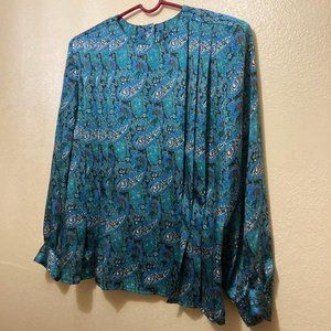 Vintage Tess Womens Paisley Pattern Pleated Front Long Sleeve Blouse Top Size 10